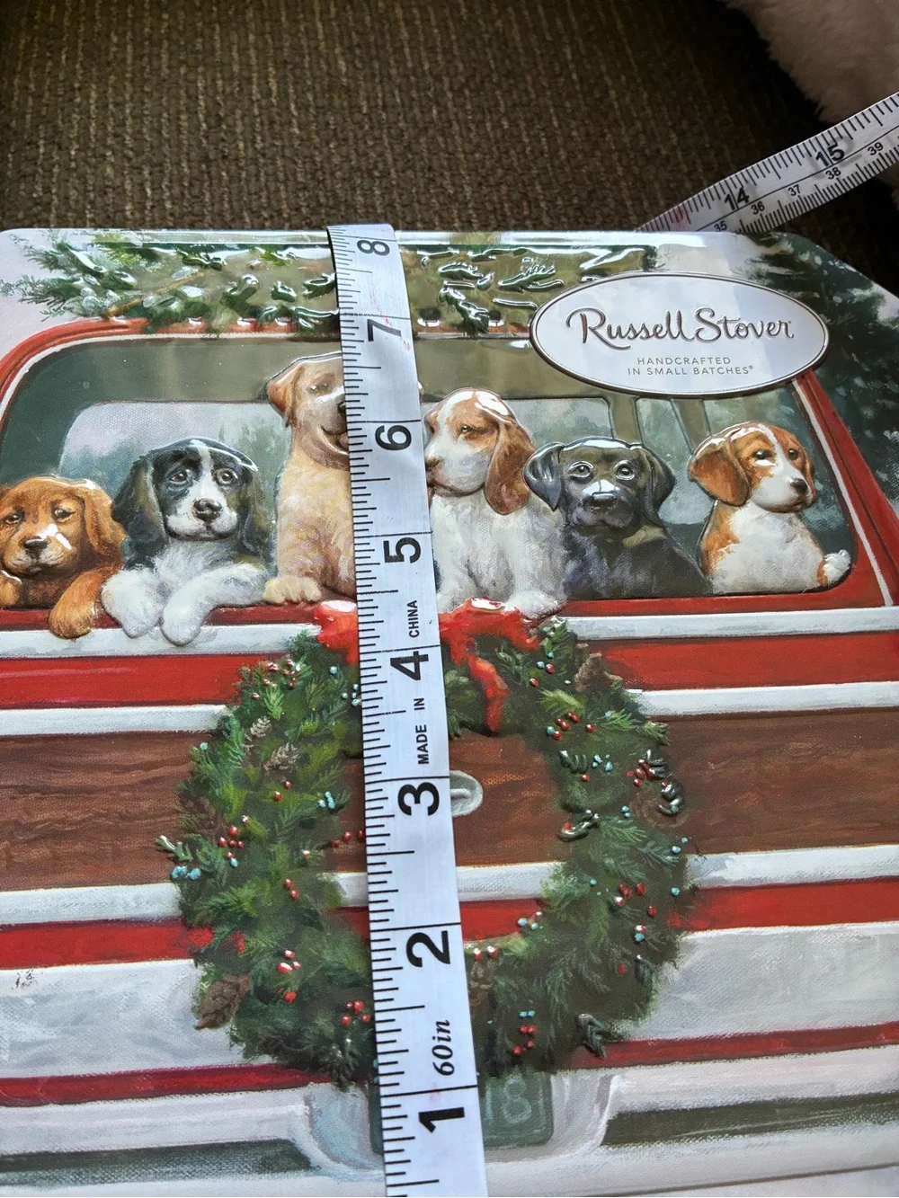 Holiday Wreath Tin with Green Christmas Wreath and Red Accents